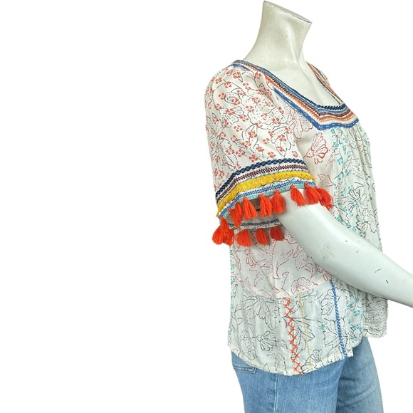 Anthropologie Maeve Paolina Puff Sleeve Tassel Trim Square Neck Blouse XS Petite - Picture 7 of 8
